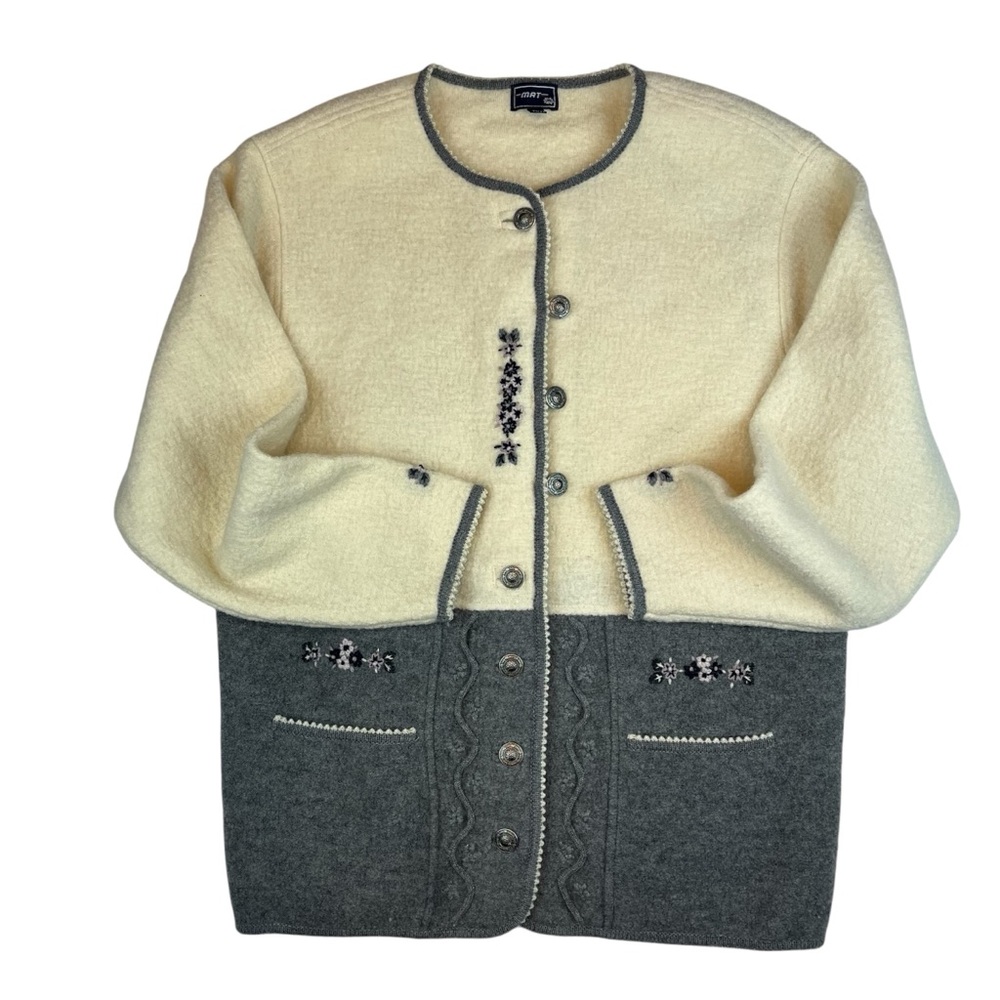 Vintage MAT Boiled Wool Cardigan Jacket in Cream and Gray w/ Embroidered Floral